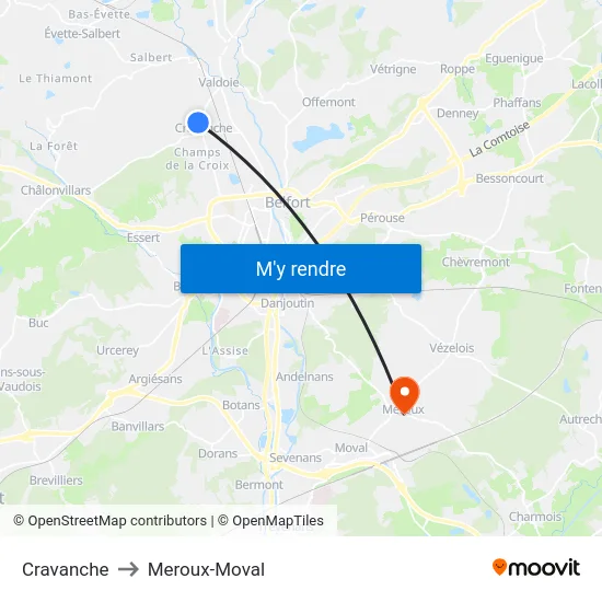 Cravanche to Meroux-Moval map