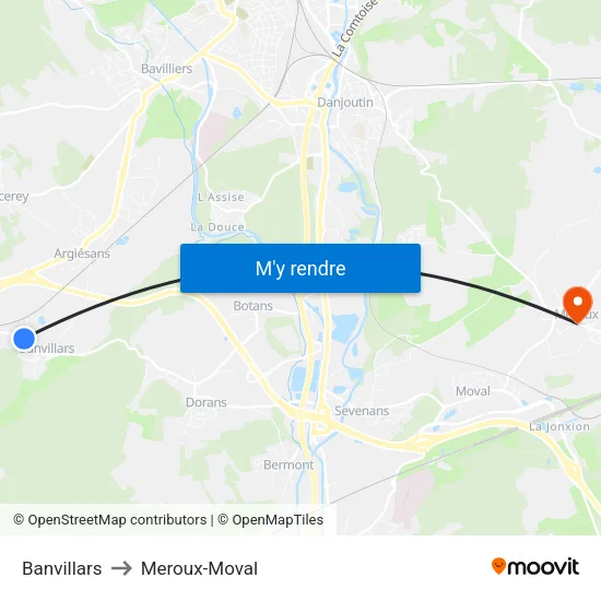 Banvillars to Meroux-Moval map