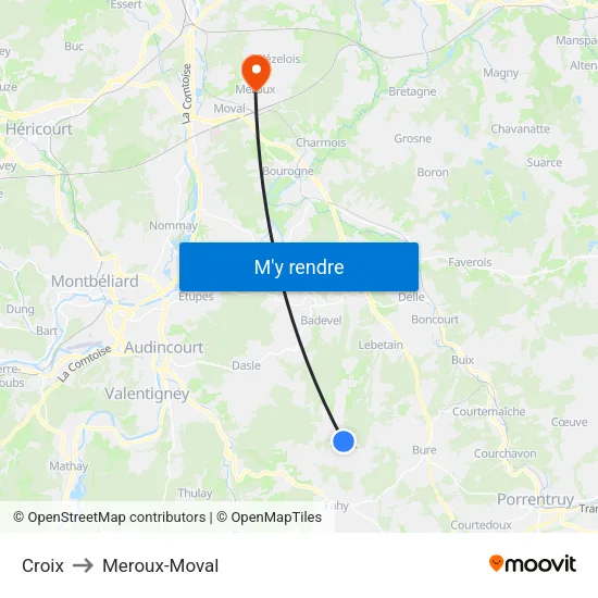 Croix to Meroux-Moval map