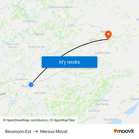 Besançon-Est to Meroux-Moval map