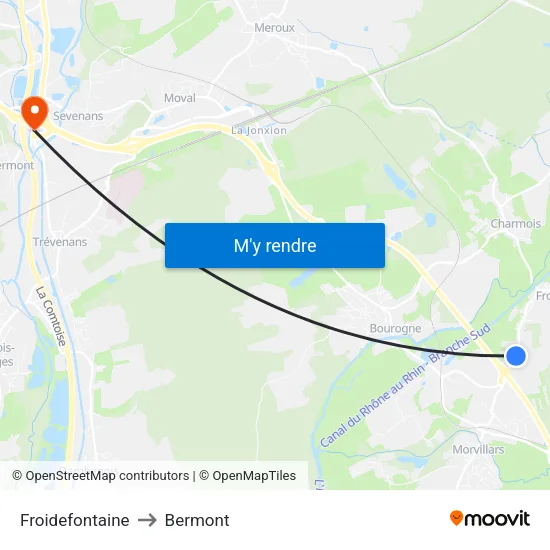 Froidefontaine to Bermont map