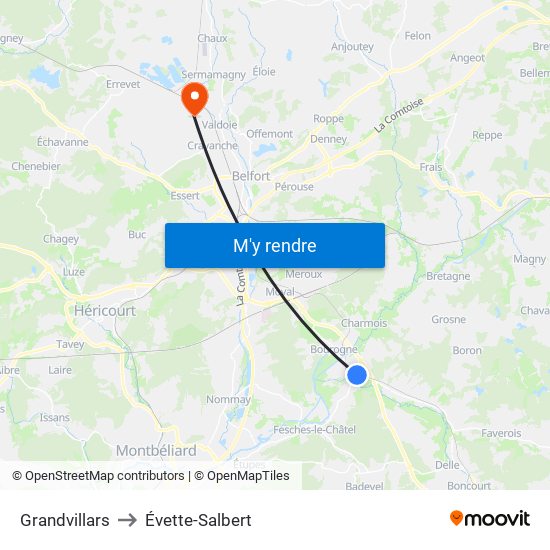 Grandvillars to Évette-Salbert map