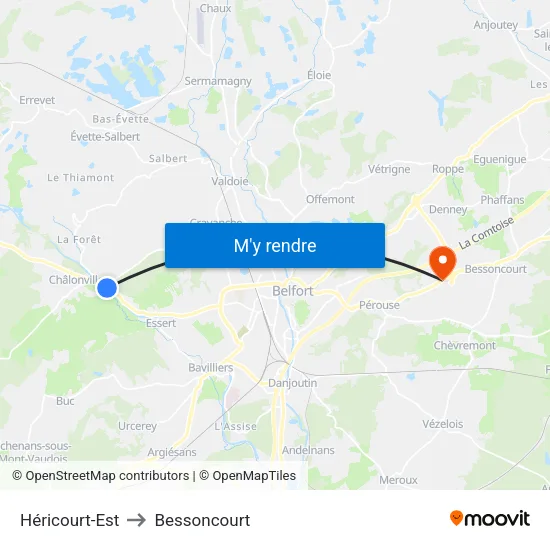 Héricourt-Est to Bessoncourt map