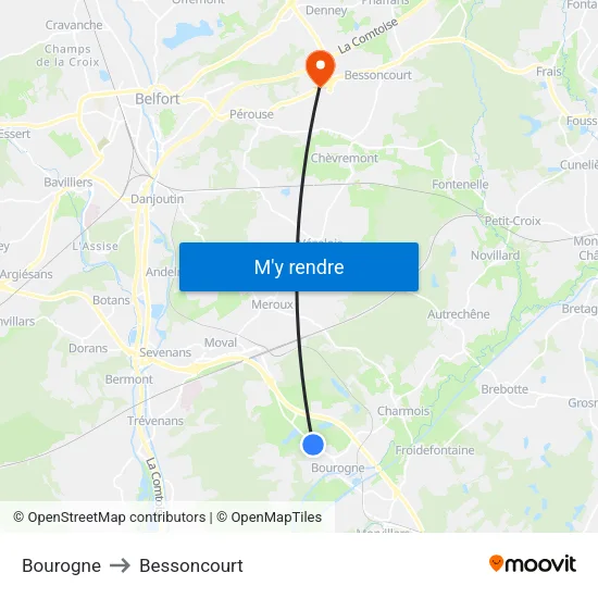 Bourogne to Bessoncourt map
