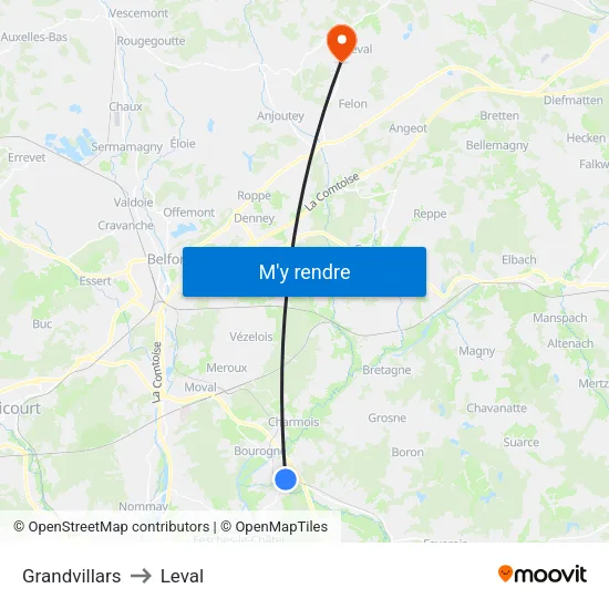Grandvillars to Leval map