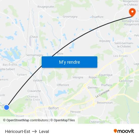Héricourt-Est to Leval map