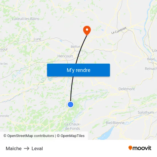 Maîche to Leval map