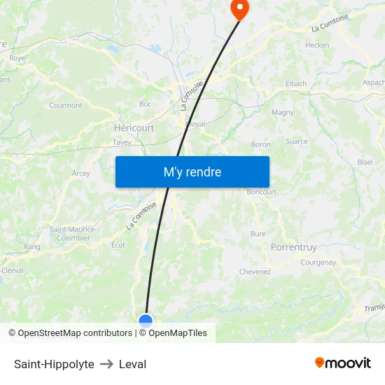 Saint-Hippolyte to Leval map