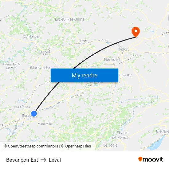 Besançon-Est to Leval map
