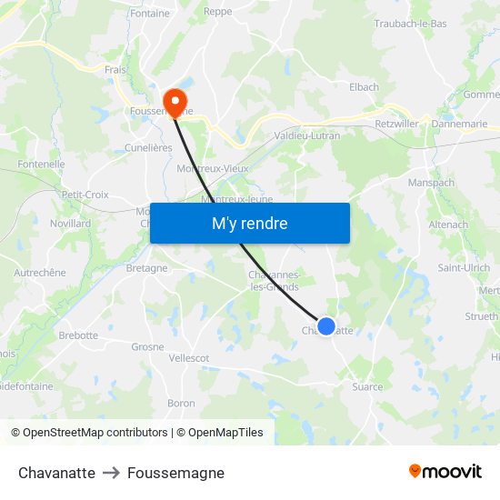 Chavanatte to Foussemagne map