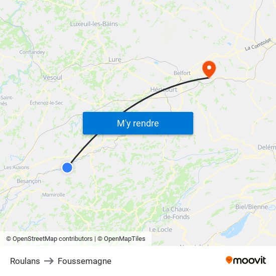 Roulans to Foussemagne map