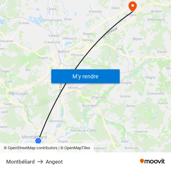 Montbéliard to Angeot map