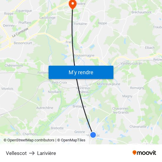 Vellescot to Larivière map