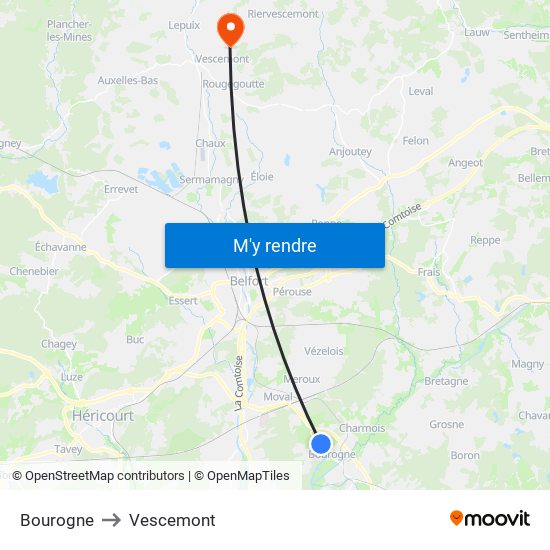 Bourogne to Vescemont map