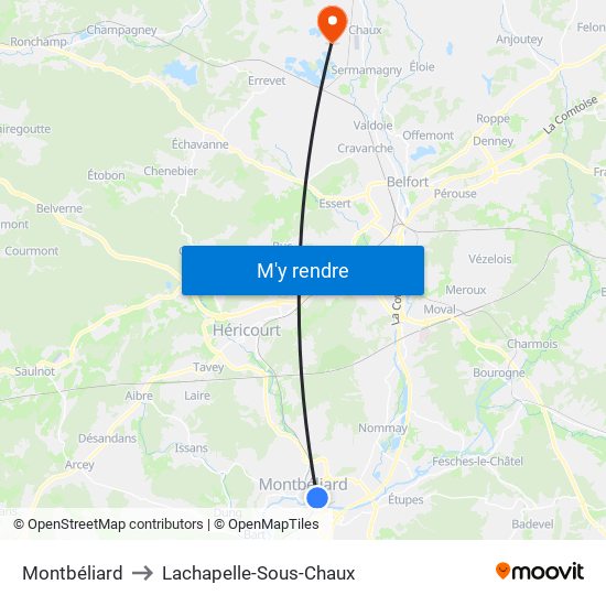 Montbéliard to Lachapelle-Sous-Chaux map