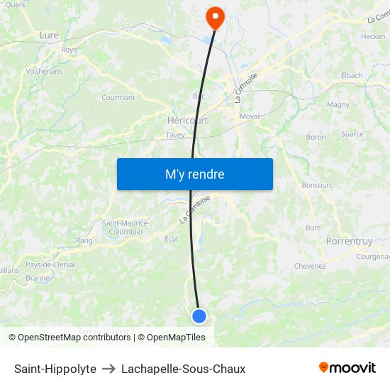 Saint-Hippolyte to Lachapelle-Sous-Chaux map