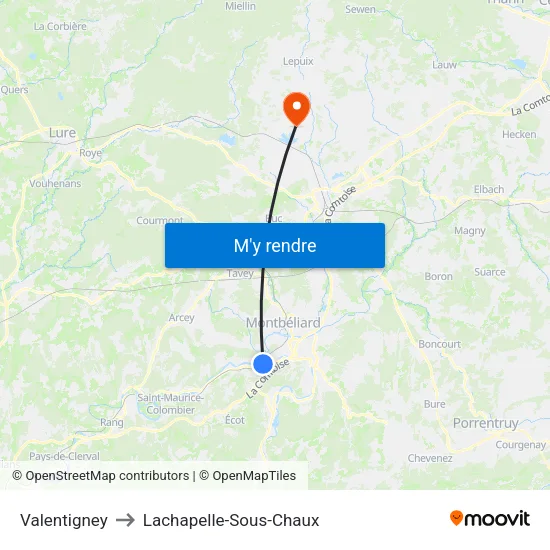 Valentigney to Lachapelle-Sous-Chaux map