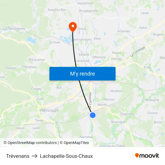 Trévenans to Lachapelle-Sous-Chaux map