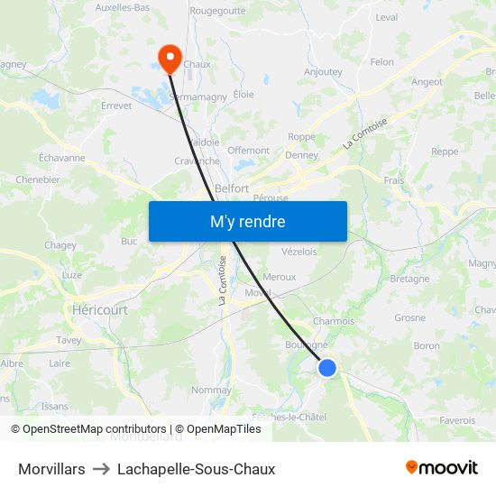 Morvillars to Lachapelle-Sous-Chaux map