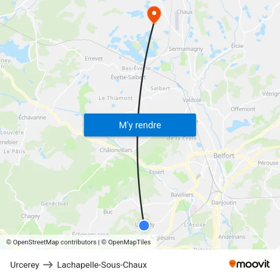 Urcerey to Lachapelle-Sous-Chaux map