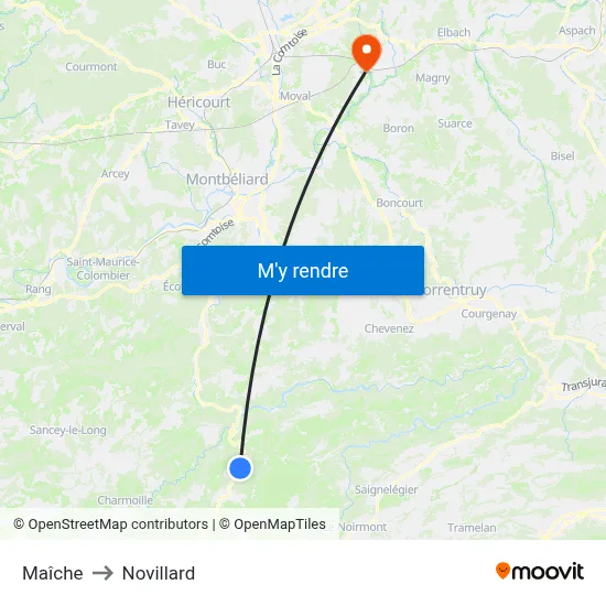 Maîche to Novillard map