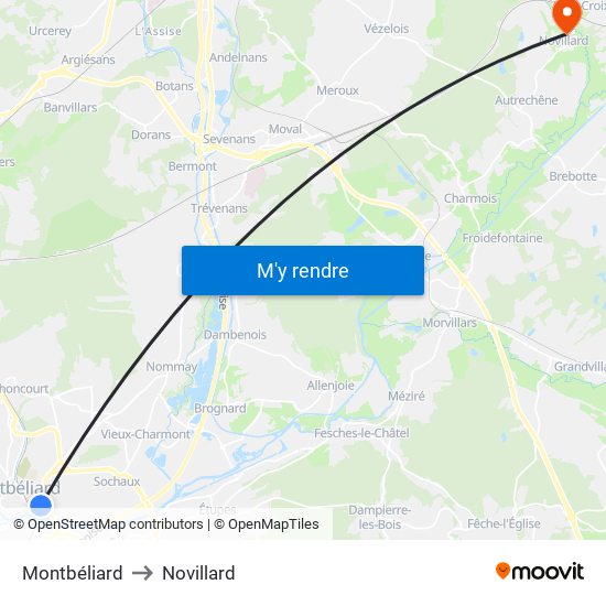 Montbéliard to Novillard map