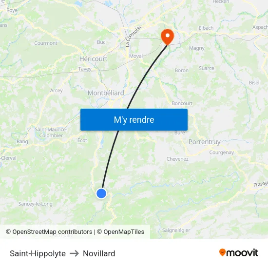 Saint-Hippolyte to Novillard map