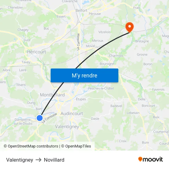 Valentigney to Novillard map