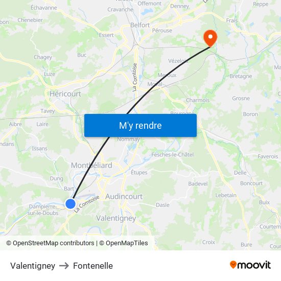 Valentigney to Fontenelle map