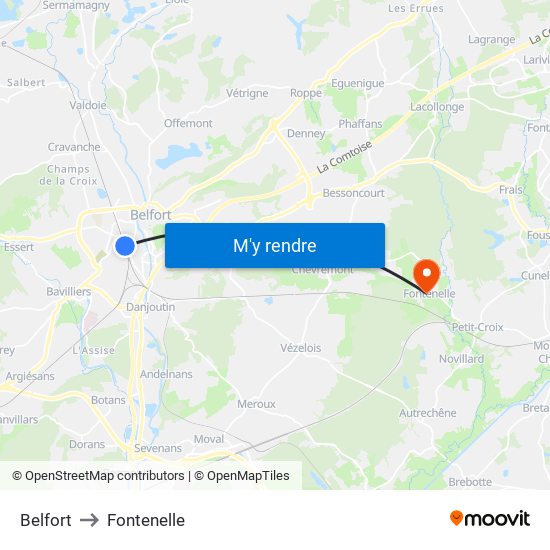 Belfort to Fontenelle map