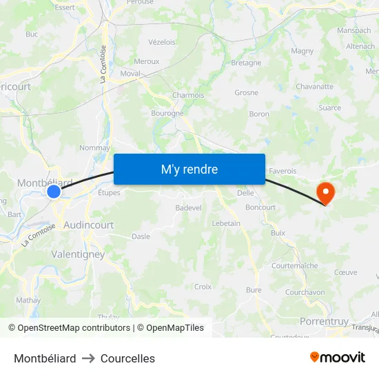 Montbéliard to Courcelles map