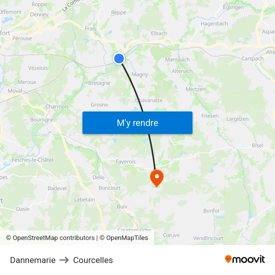 Dannemarie to Courcelles map