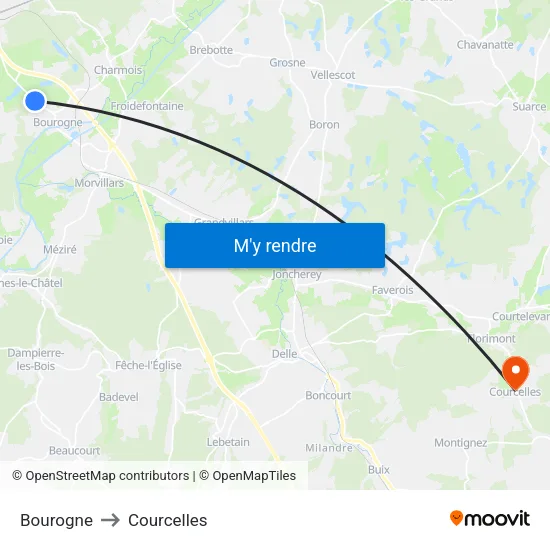 Bourogne to Courcelles map