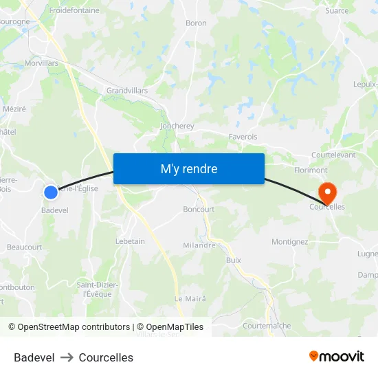 Badevel to Courcelles map
