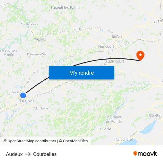Audeux to Courcelles map