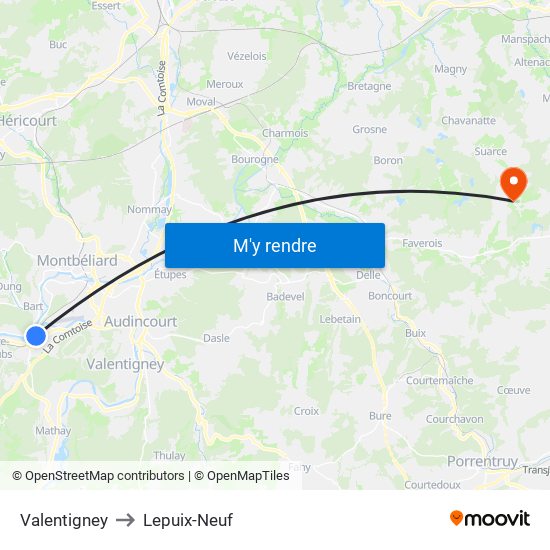 Valentigney to Lepuix-Neuf map