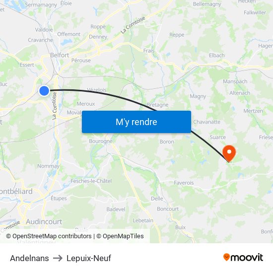 Andelnans to Lepuix-Neuf map
