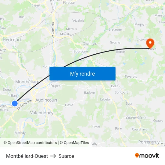 Montbéliard-Ouest to Suarce map