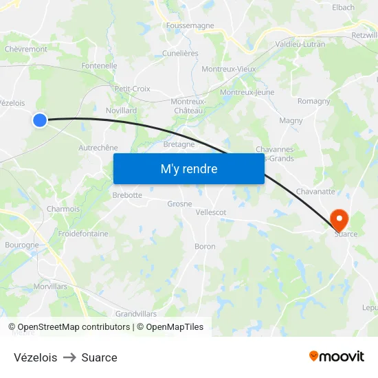 Vézelois to Suarce map