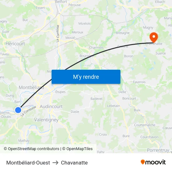 Montbéliard-Ouest to Chavanatte map