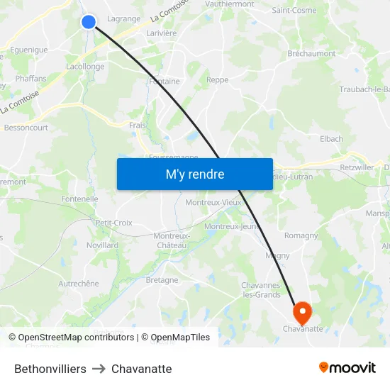 Bethonvilliers to Chavanatte map