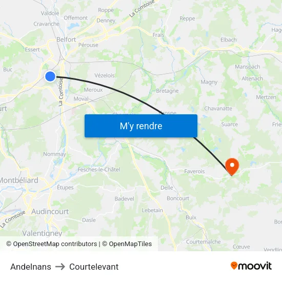 Andelnans to Courtelevant map