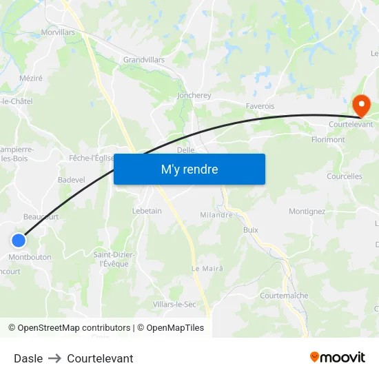 Dasle to Courtelevant map