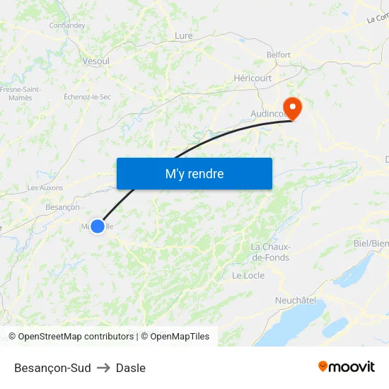 Besançon-Sud to Dasle map