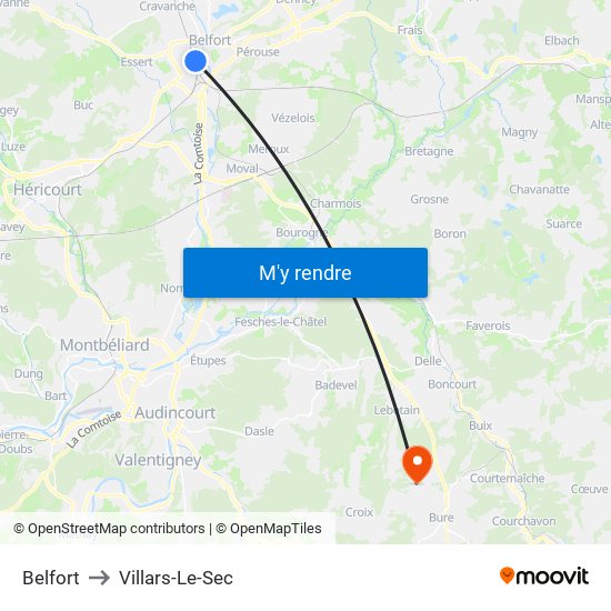 Belfort to Villars-Le-Sec map