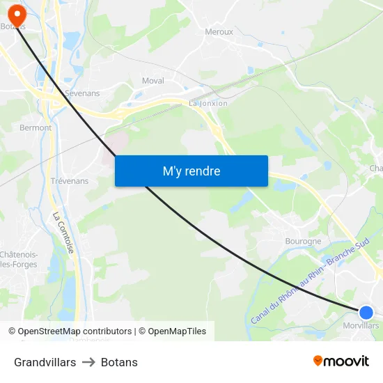 Grandvillars to Botans map