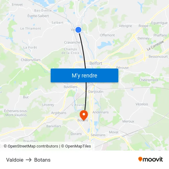 Valdoie to Botans map