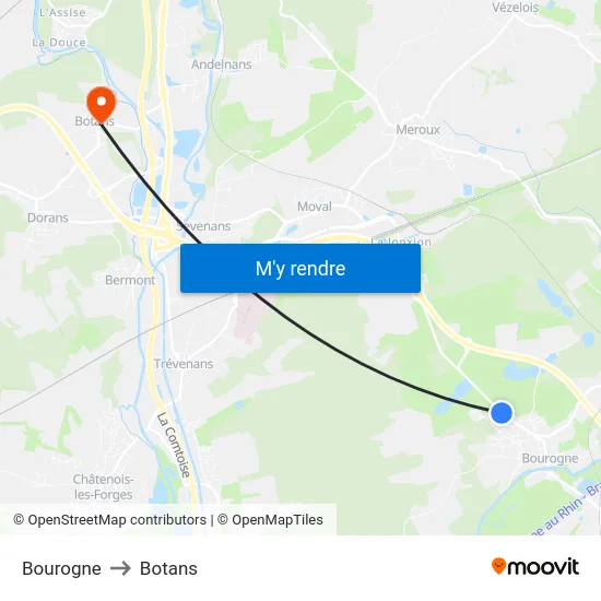 Bourogne to Botans map