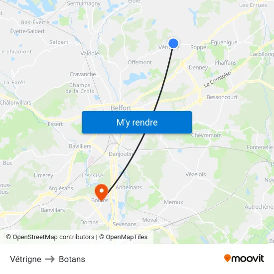 Vétrigne to Botans map