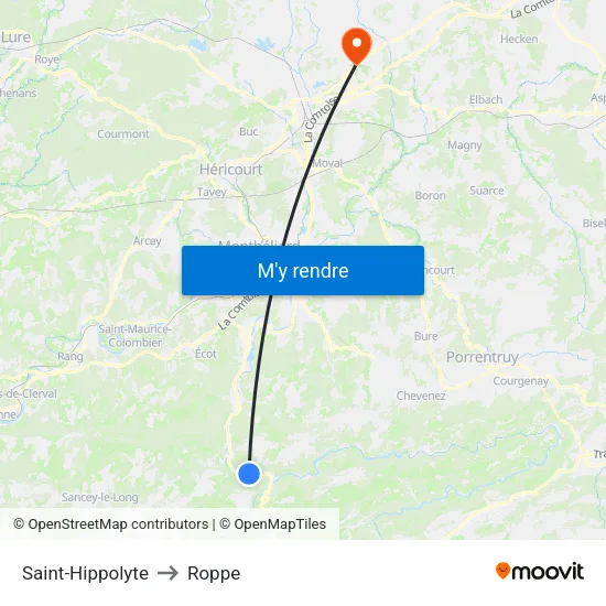 Saint-Hippolyte to Roppe map